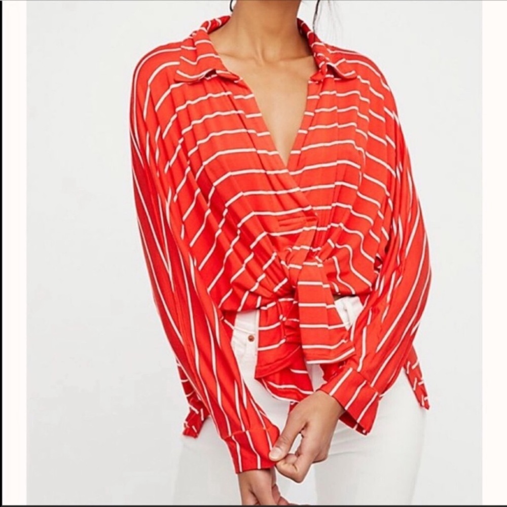 Free People Red Striped Long Sleeve Top